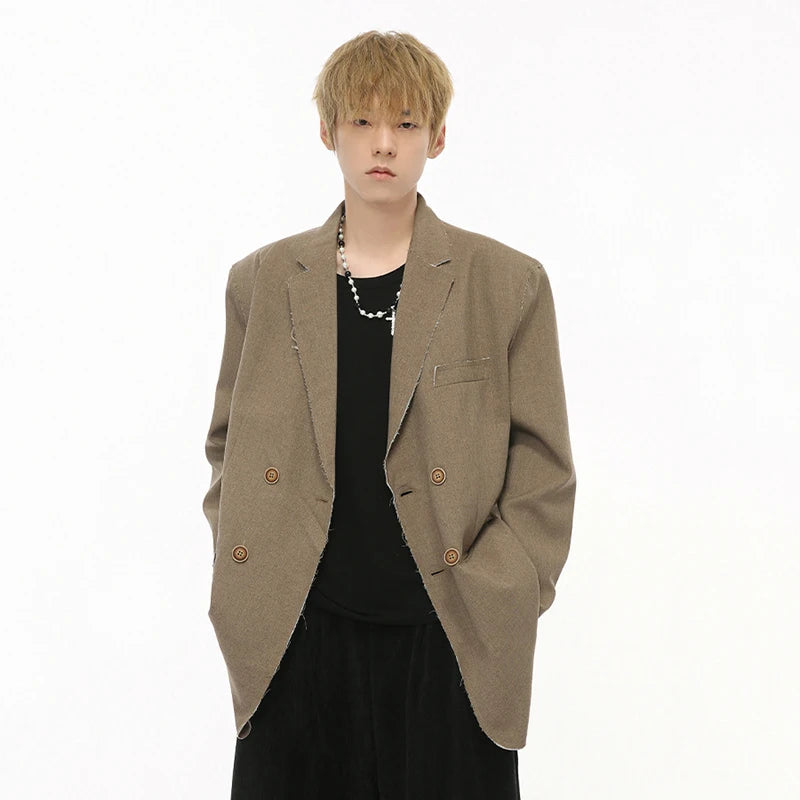 Raw Edge Double Breasted Solid Blazer