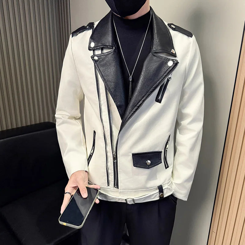 Zipper V-Neck Motorcycle Leather Jacket