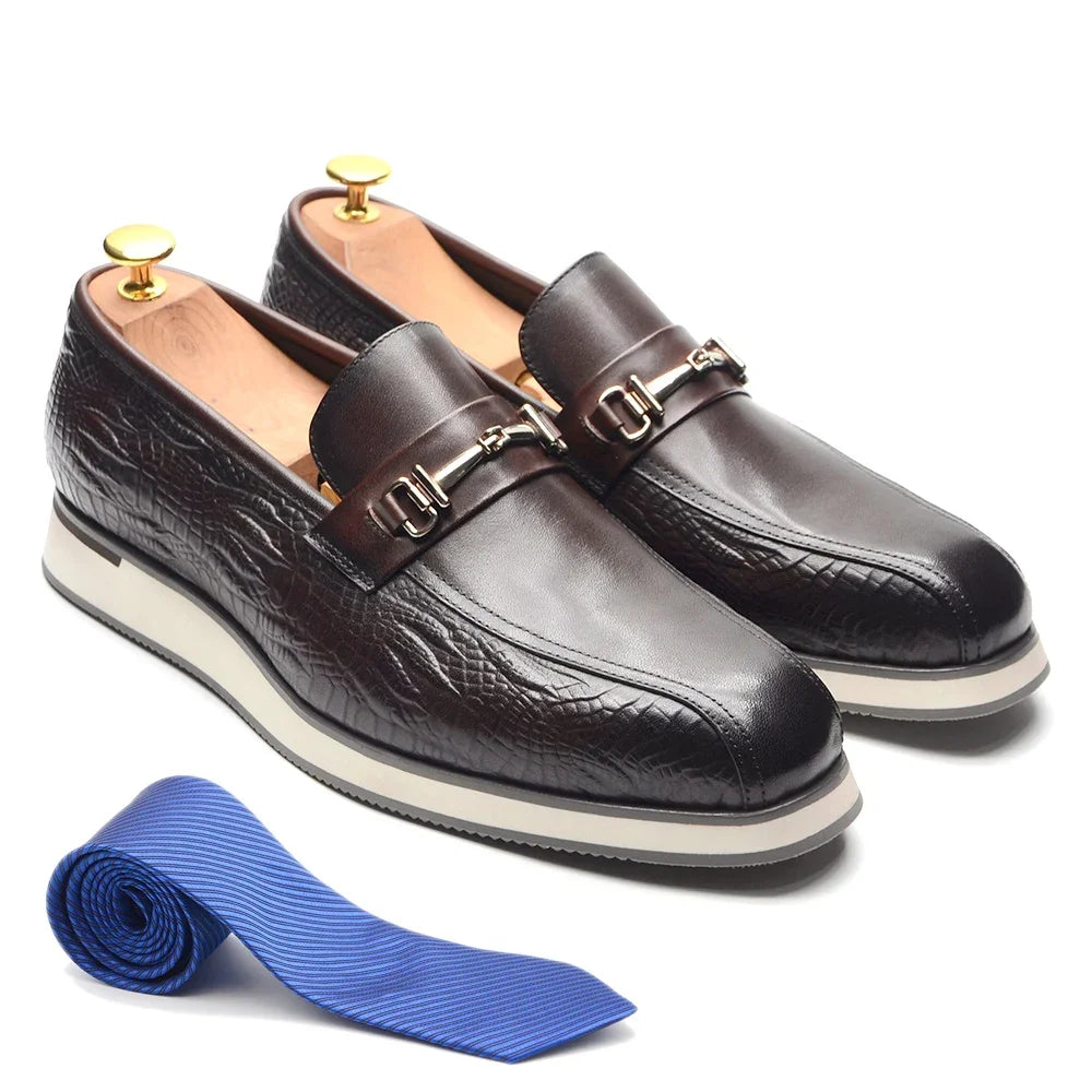 Horsebit Appliques Embossed Croc Texture Loafers