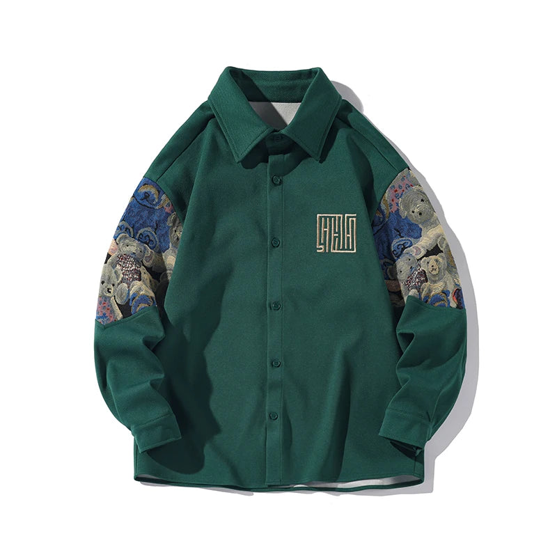 Embroidery Bear Patchwork Long Sleeve Shirt
