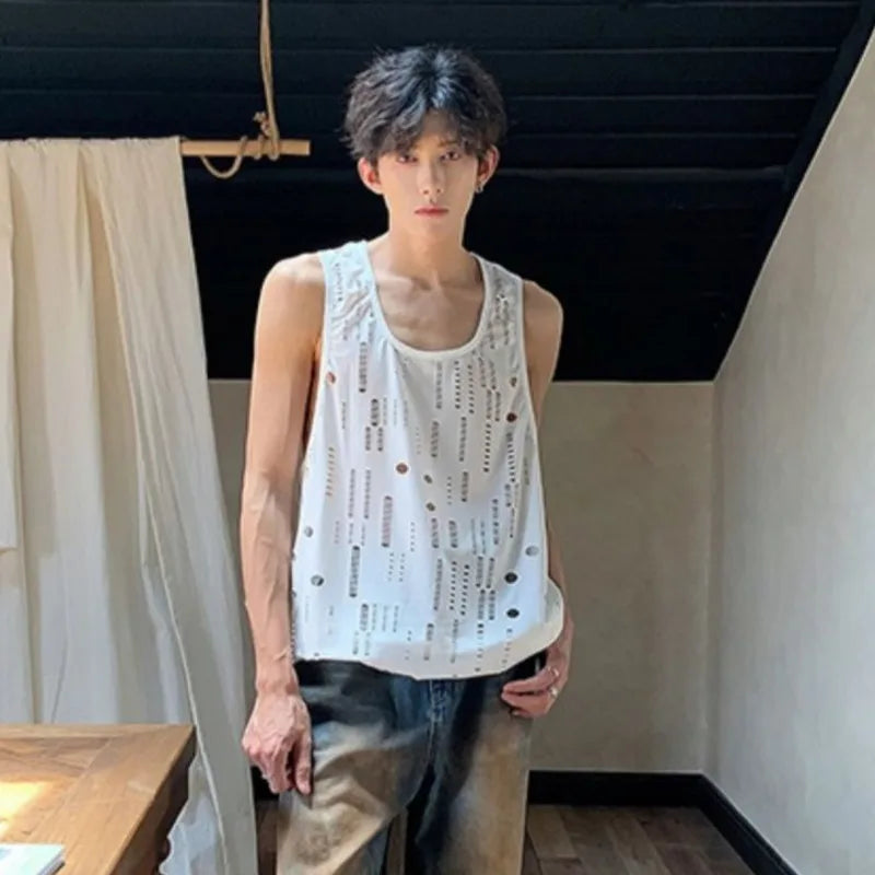 Loose Round Collar Hollowed Tank Top