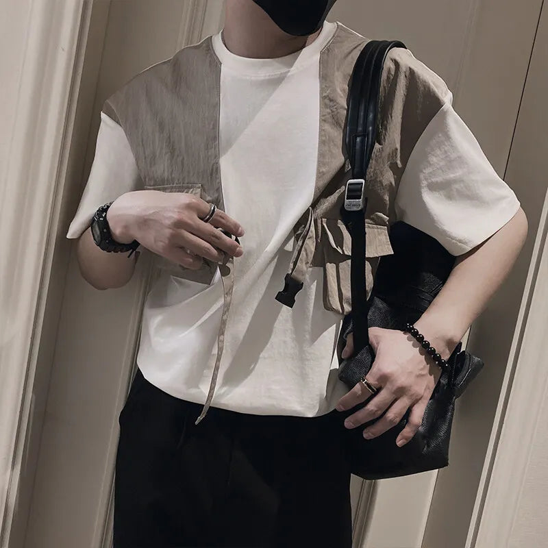 Splicing Workwear Casual Round Neck T-Shirt