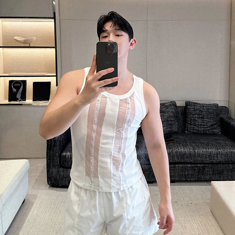 See-Through Spliced Polyester Tank Top