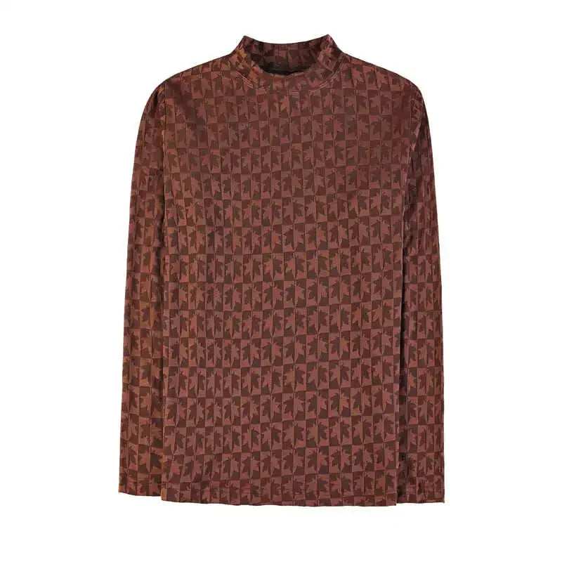 Jacquard Printed Turtleneck Fitted T-Shirt