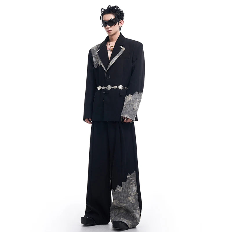 Black Color Lace Patchwork Men's Suit