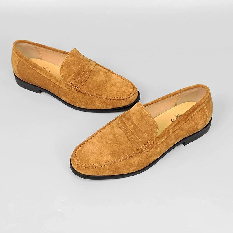 Solid Yellow Brown Suede Loafers