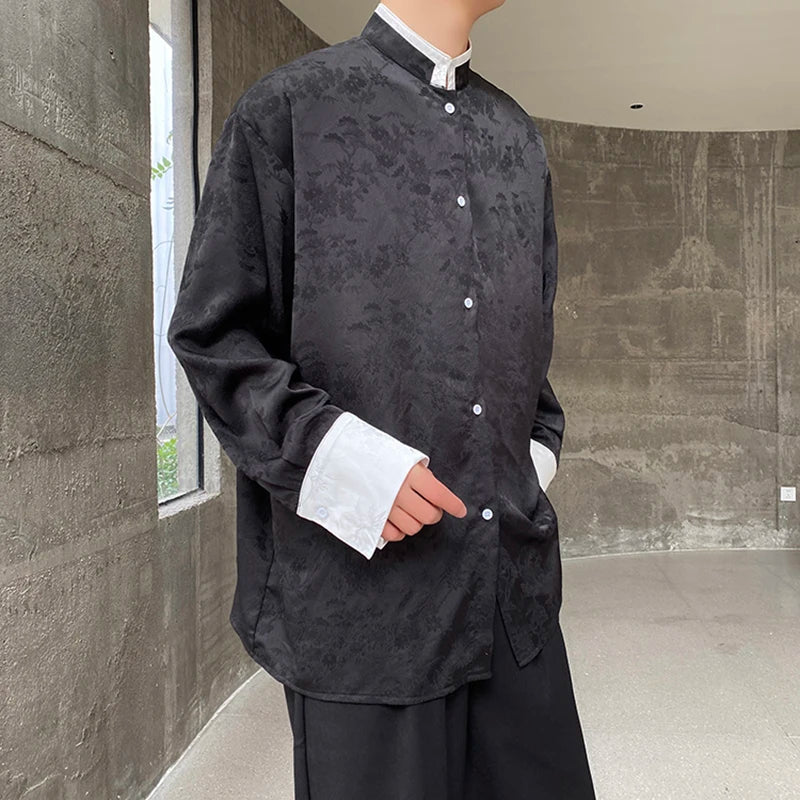 Chinese Contrasting Color Stand Collar Shirt