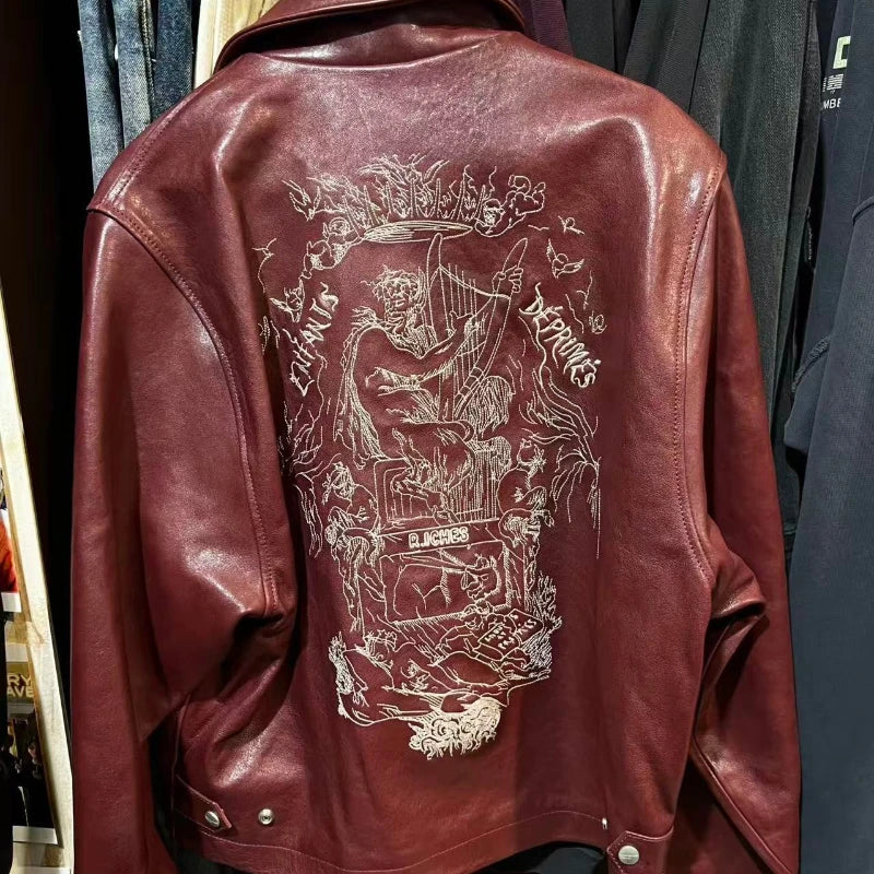 Red Back Embroidered Leather Jacket