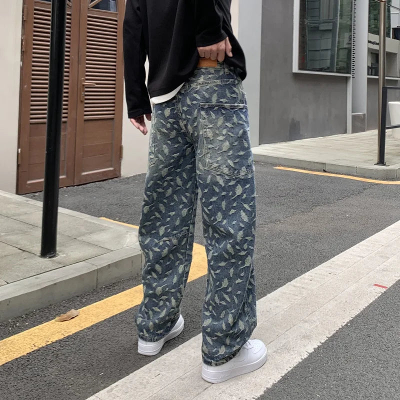 Printed Feather Jacquard Loose Jeans