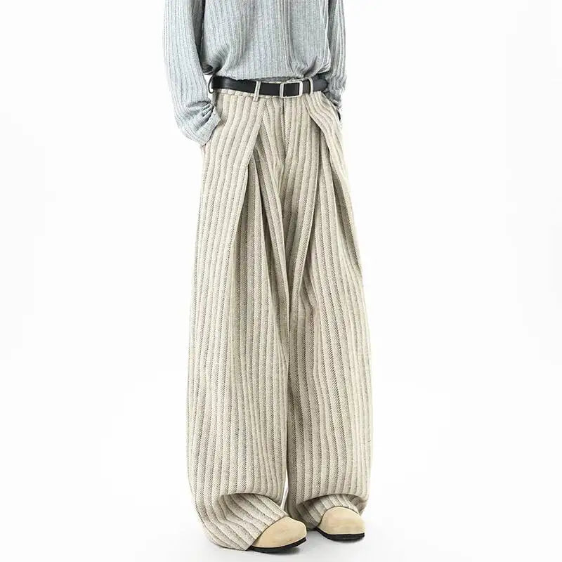 Striped Woolen Pleated Wide-Leg Trousers