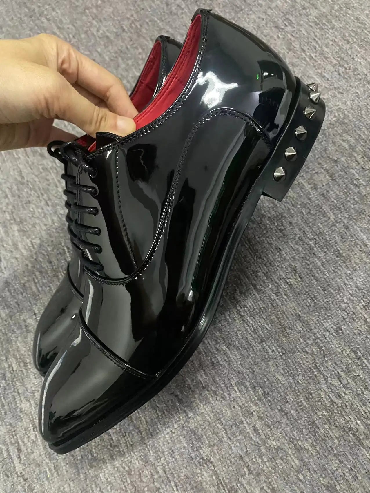 Shiny Black Genuine Leather Rivet Shoes