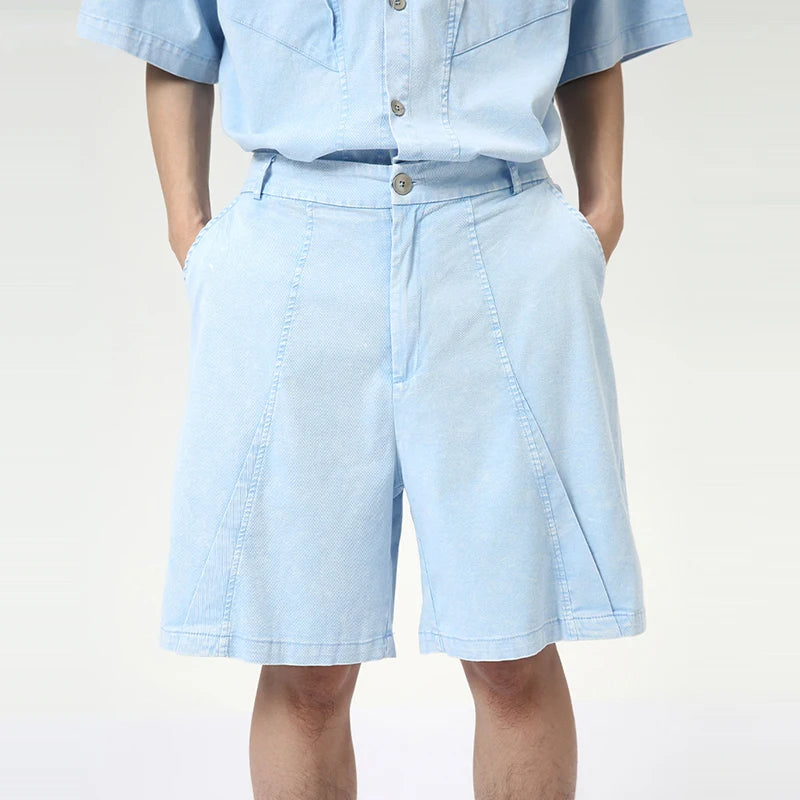 Sky Blue Loose Lapel Collar Shorts Set