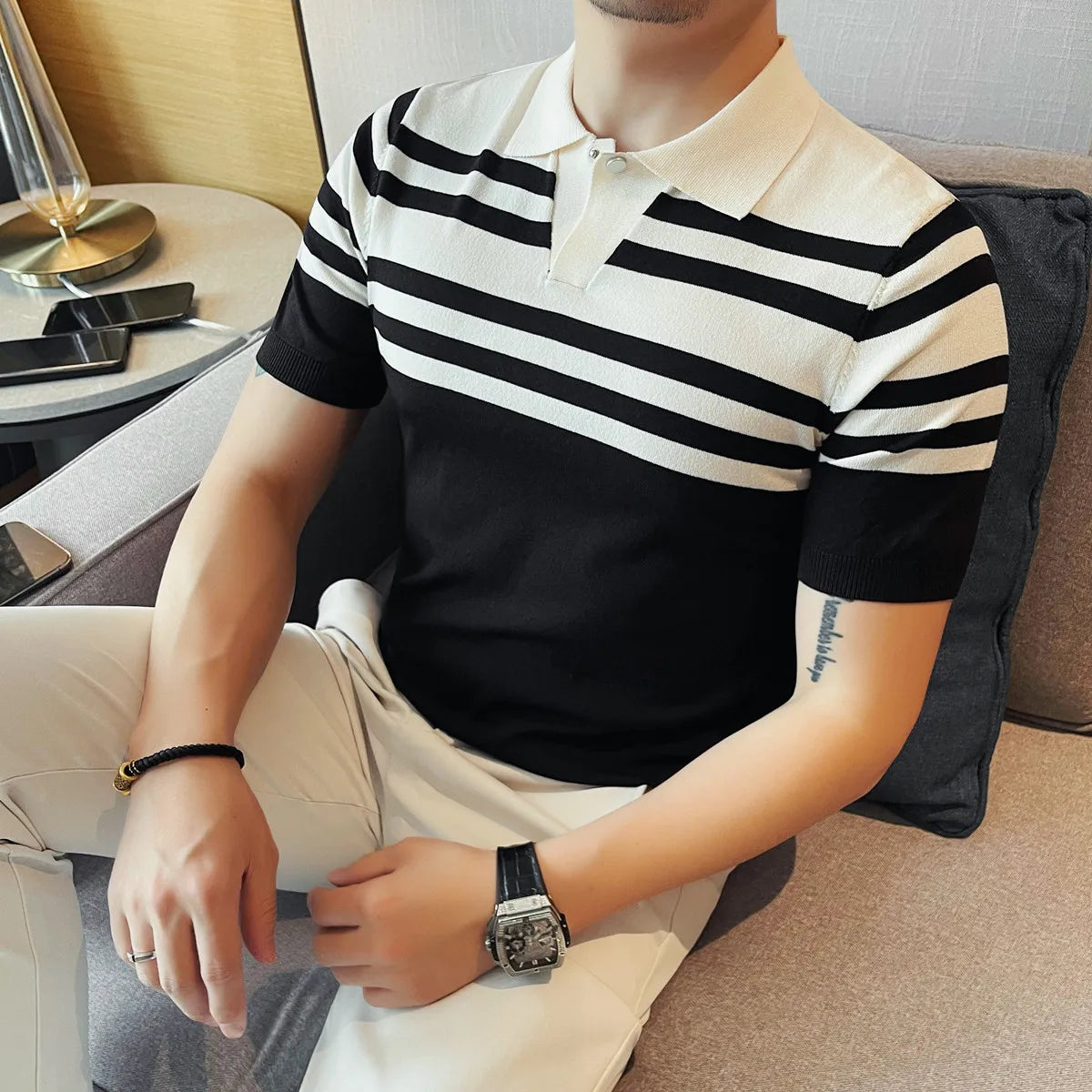 Knitted Vertical Striped Short Sleeved Polo Shirt