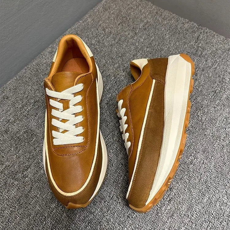 Brown Genuine Leather Chunky Sole Sneakers