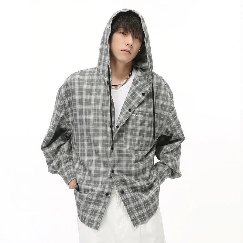 Plaid Drawstring Hooded Loose Shirt