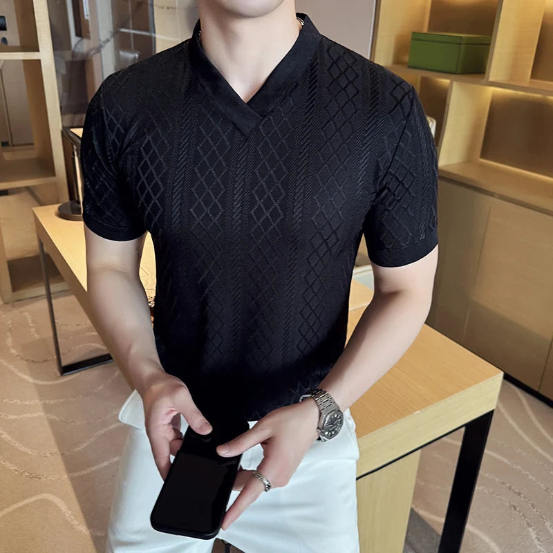 V-Neck Geometric Textured Casual T-Shirt