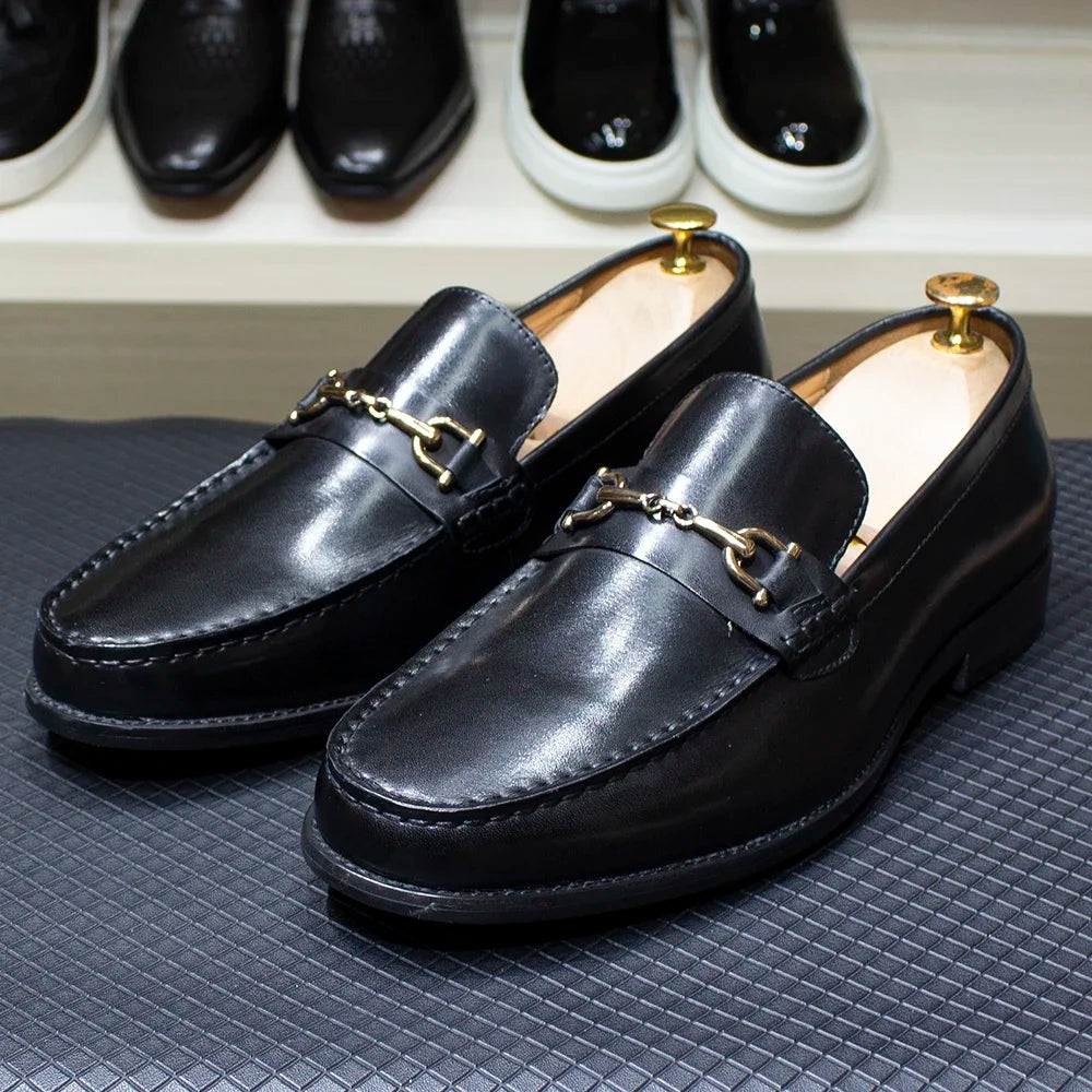 Metal Chain Round-Toe Leather Loafers