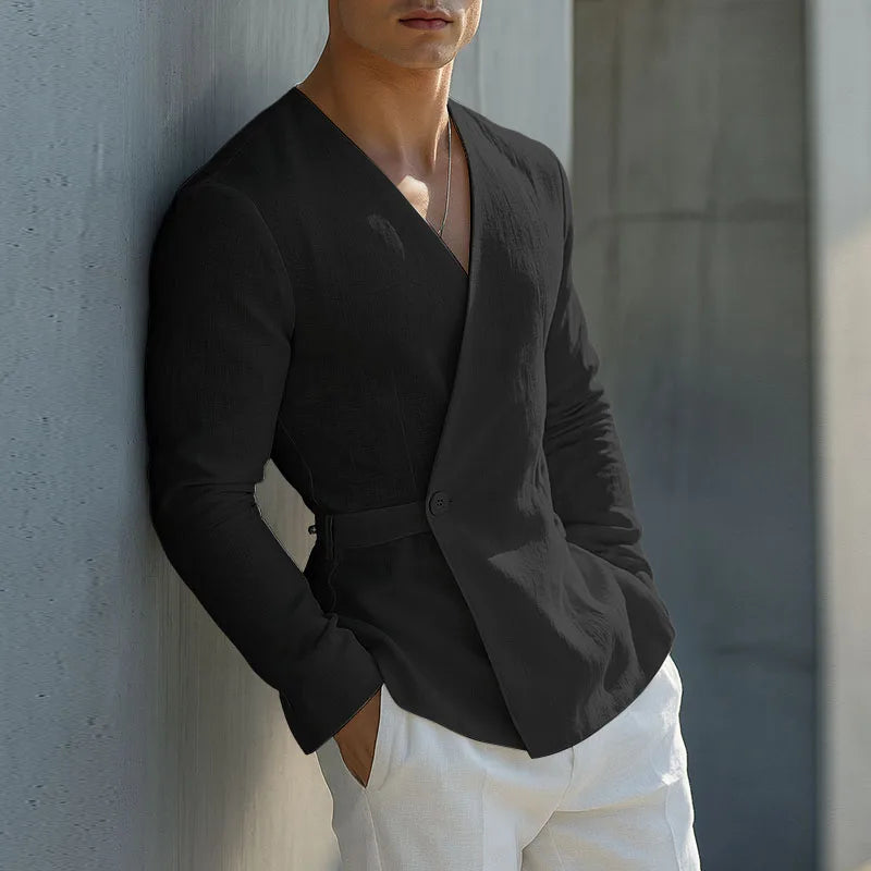 Solid Color V-Neck One-Button Shirt