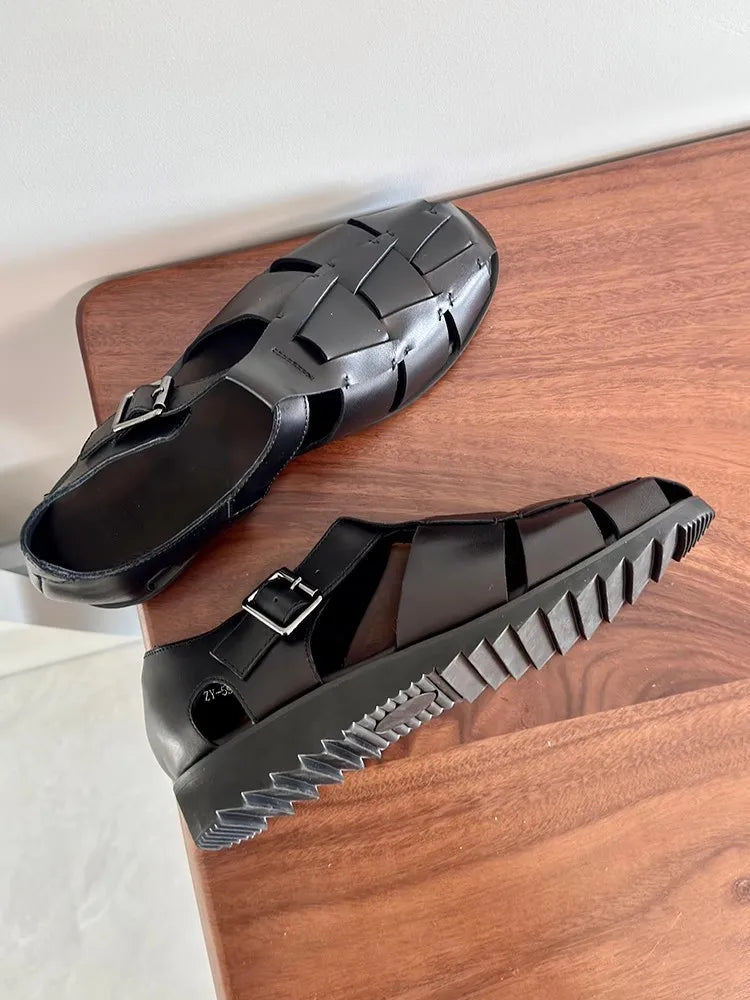 Buckle Solid Close-Toe Weave Sandals