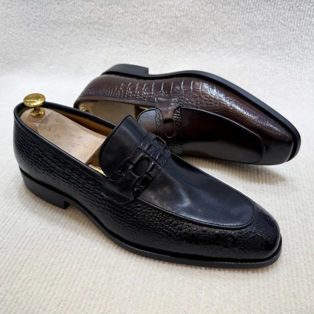 Solid Crocodile Print Genuine Leather Loafers