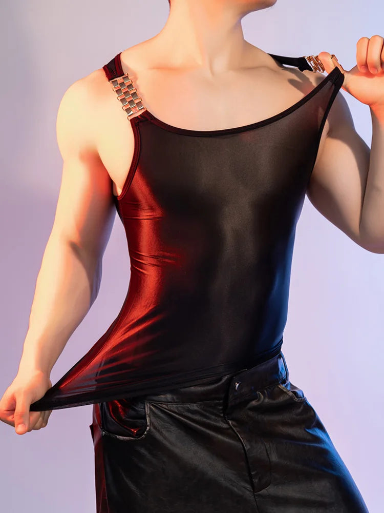 Metal Strap Shiny Sheer Tank Top