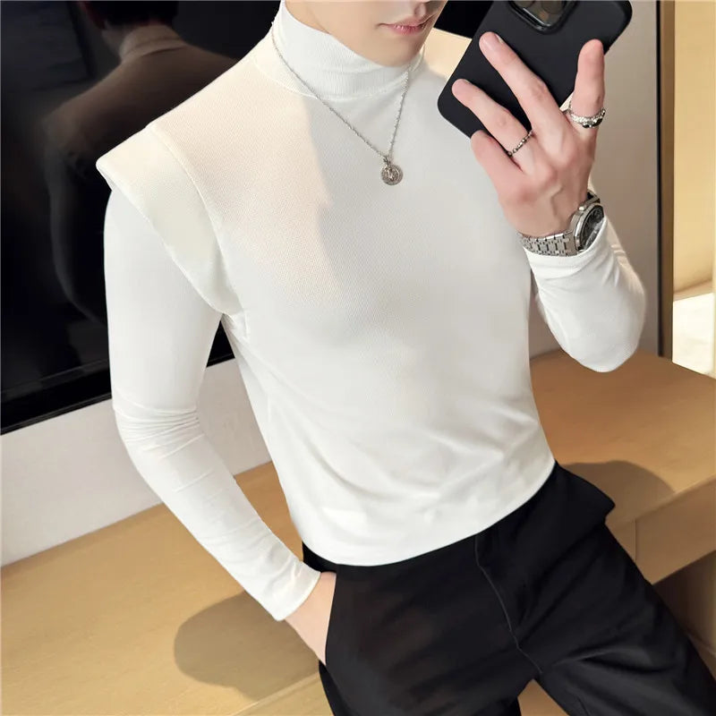 Turtleneck Fake-2Pieces Solid T-Shirt