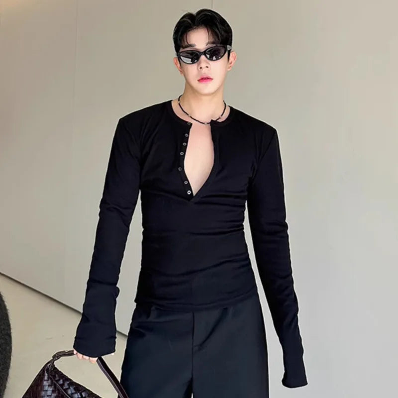 Slim-Fit Buttoned Long Sleeve T-Shirt