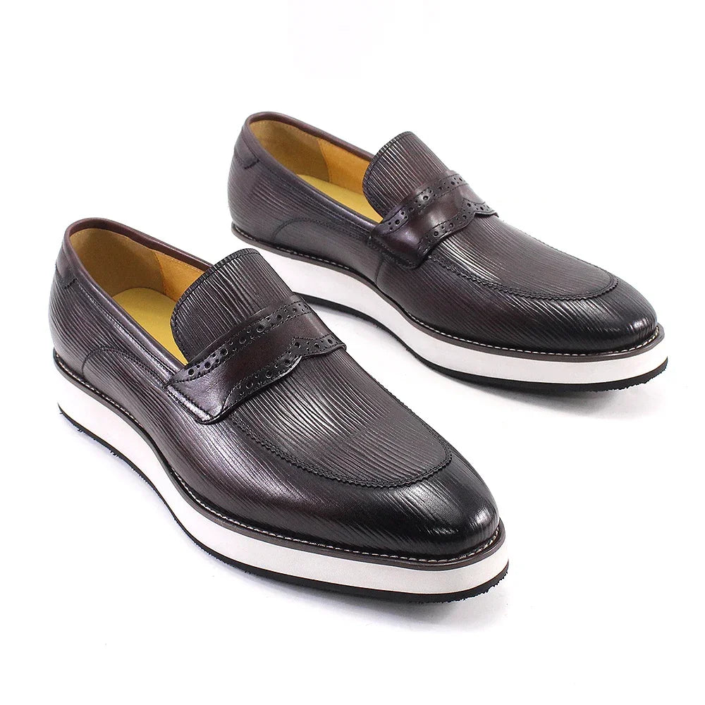 Striped Texture Genuine Leather Loafers