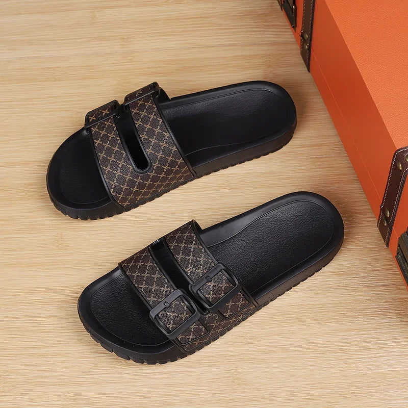 Double Buckle Geometric Slip-On Sandals