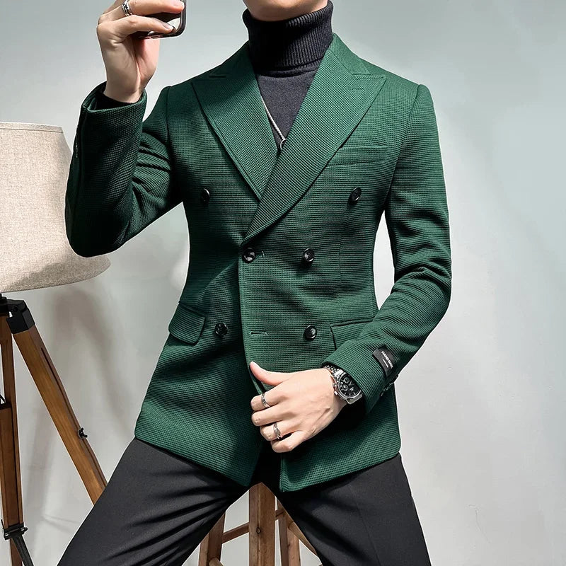 Solid Color Double Breasted Slim-Fit Blazer