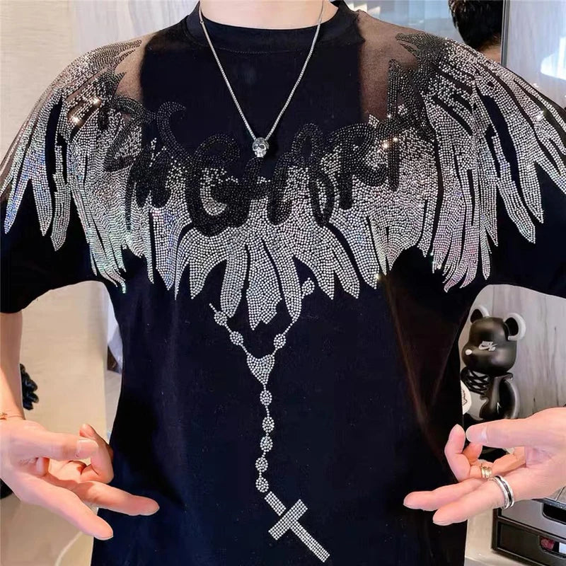 Wings Rhinestone O-neck Casual T-Shirt