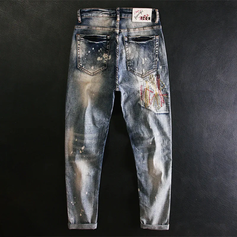 Abstract Ripped Patch Embroidered Jeans