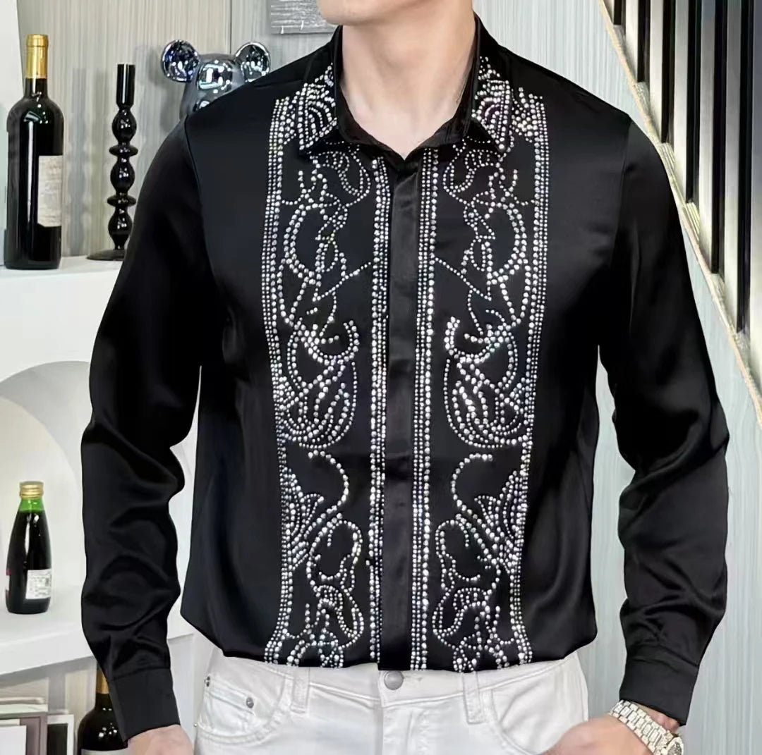 Long Sleeve Rhinestones Decor Style Shirt