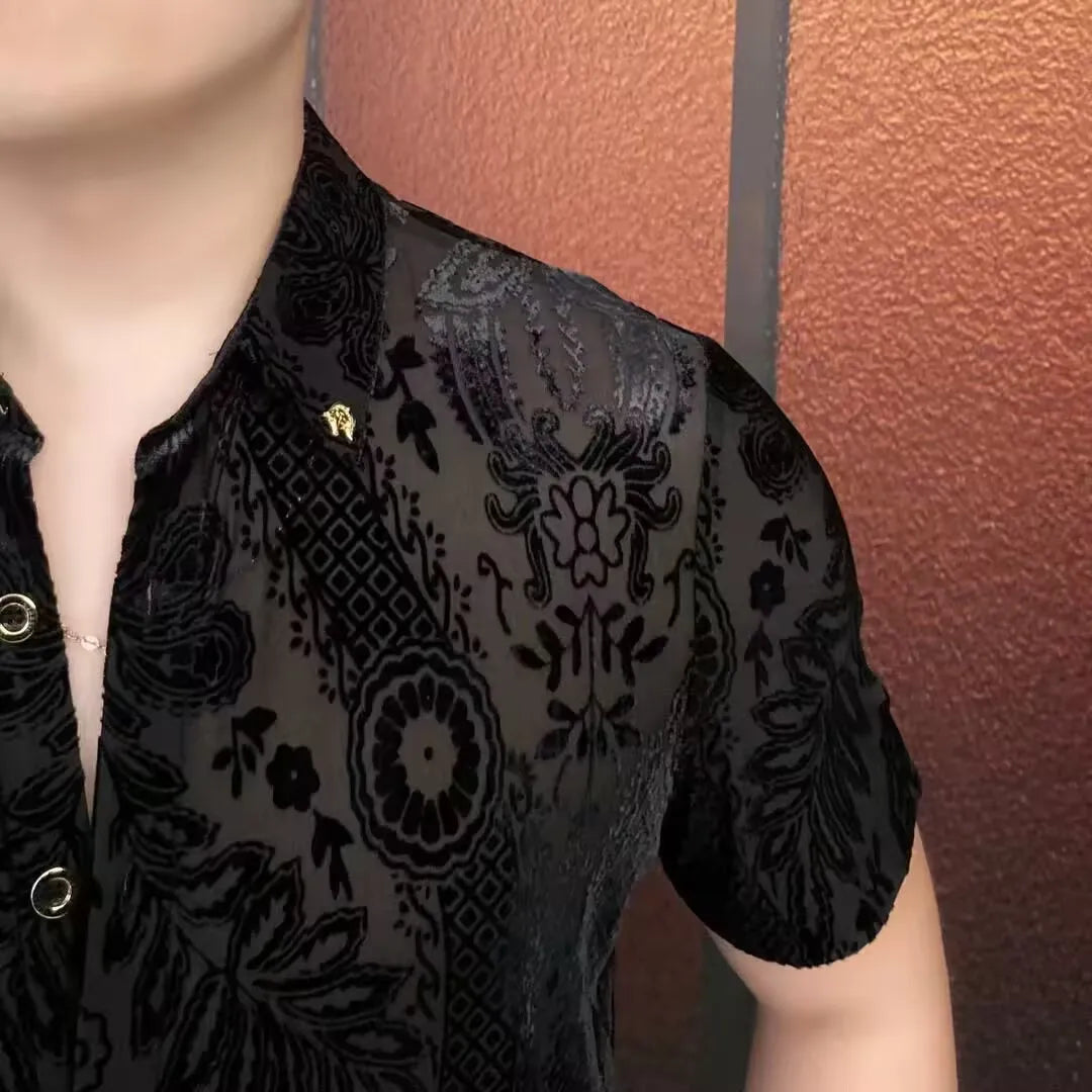 Velvet Jacquard Mesh Short-Sleeved Shirt