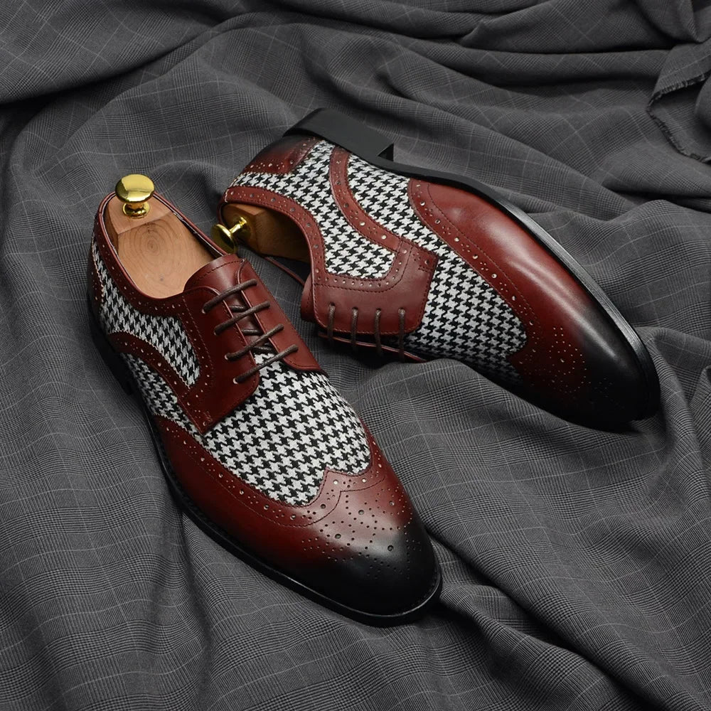 Patchwork Houndstooth Leather Brogue Shoes