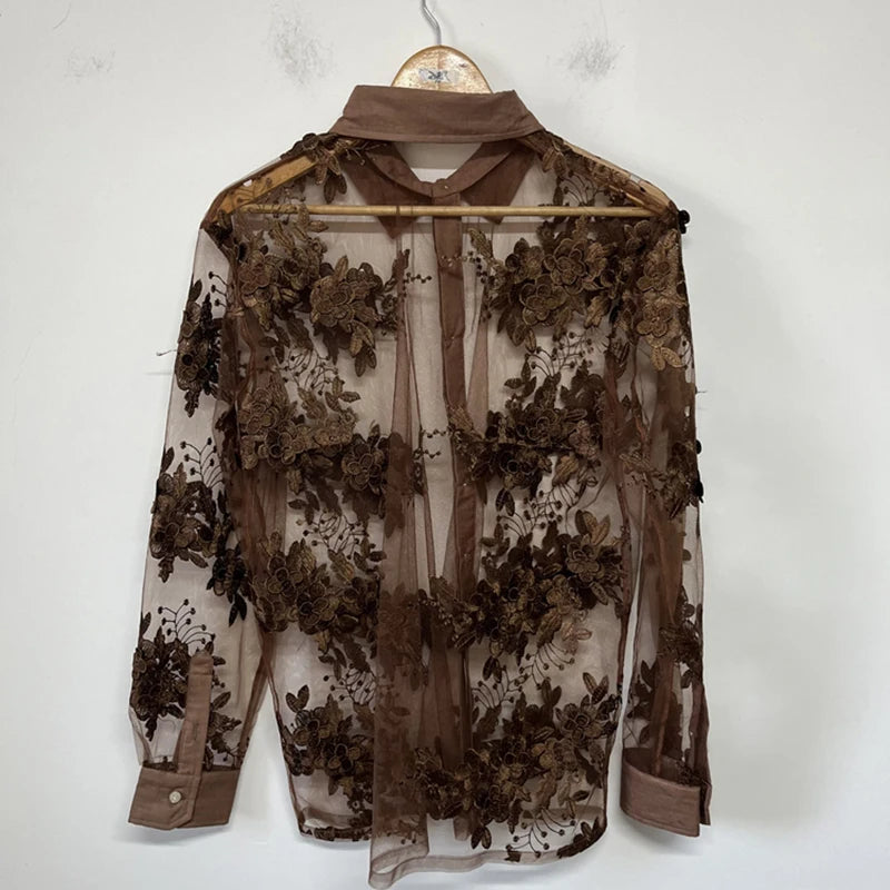 Brown Floral Embroidery Sheer Shirt