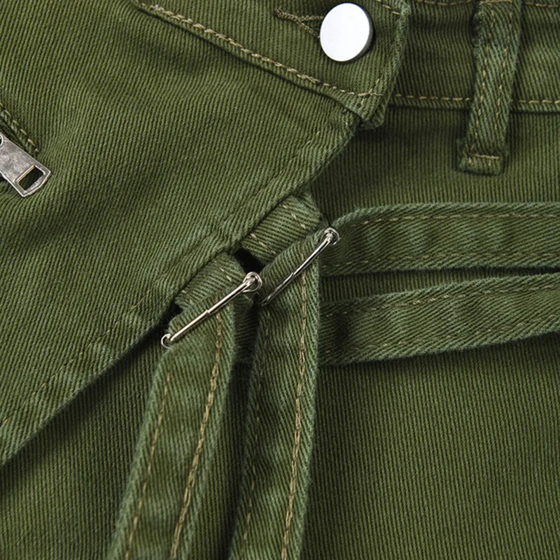 Green Cargo Pocket Design Denim Shorts