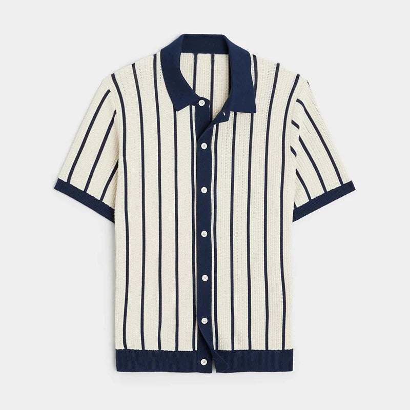 Striped Knit Short Sleeve Button Shirt
