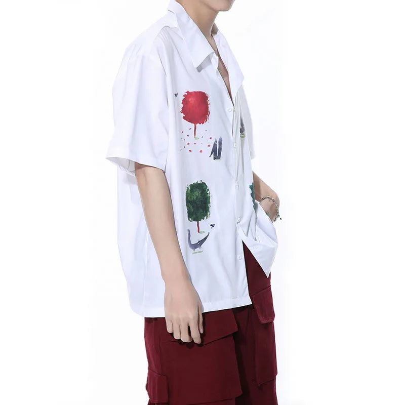 Tree Cartoon Print Lapel Collar Shirt