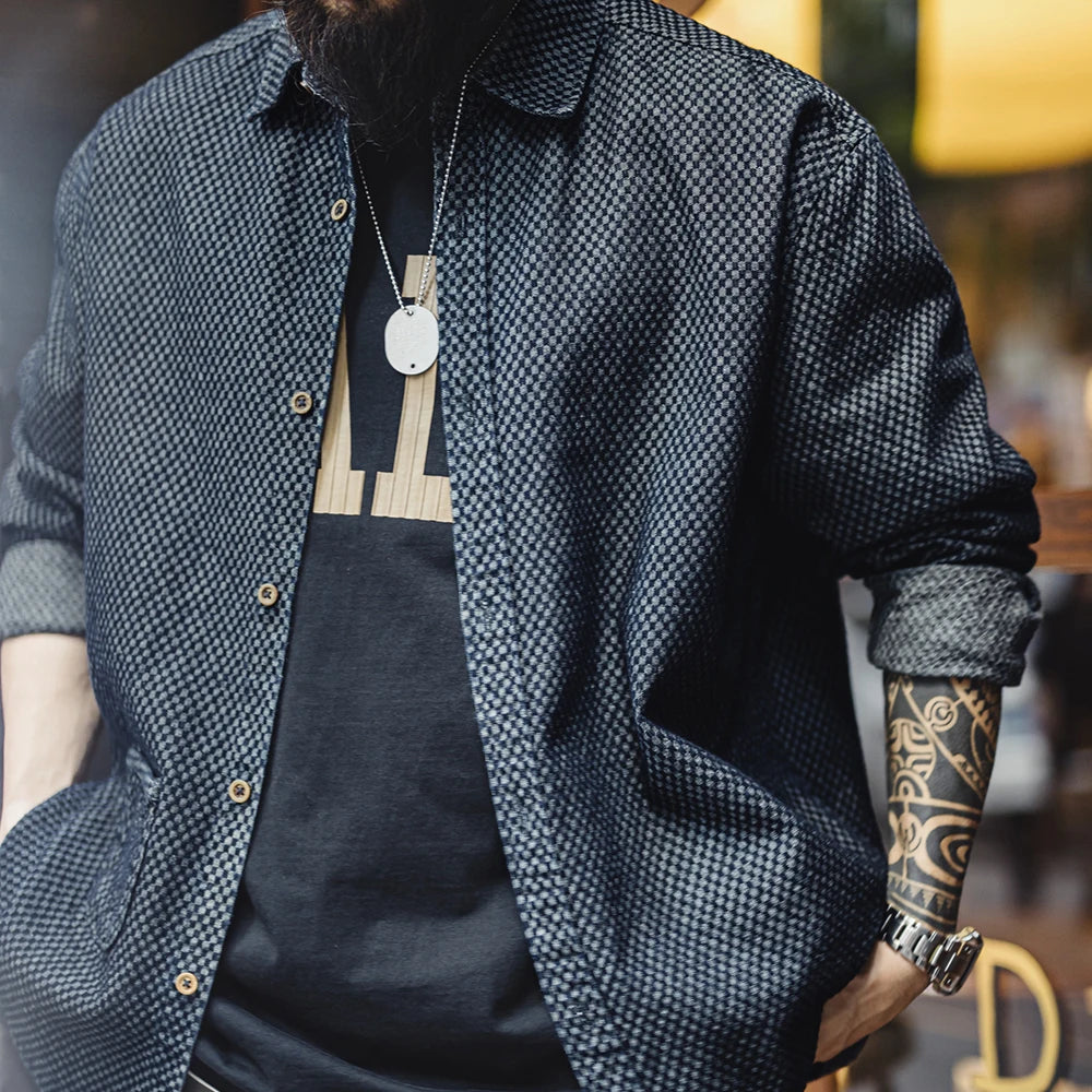 Retro Checkered Long-sleeved Denim Shirt