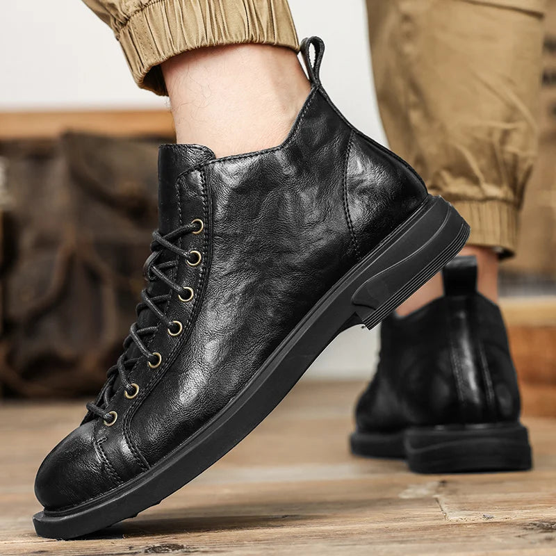Retro Solid Color Leather High-Top Sneakers