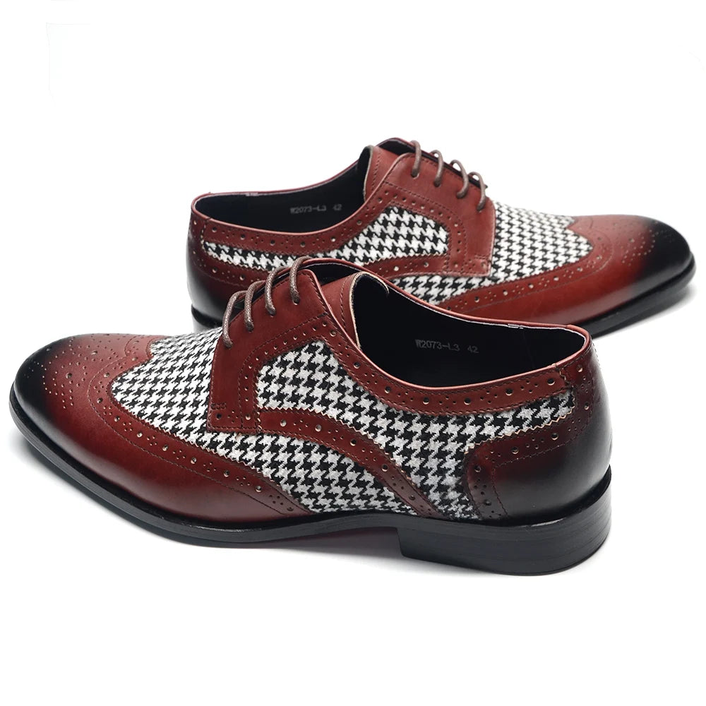 Patchwork Houndstooth Leather Brogue Shoes
