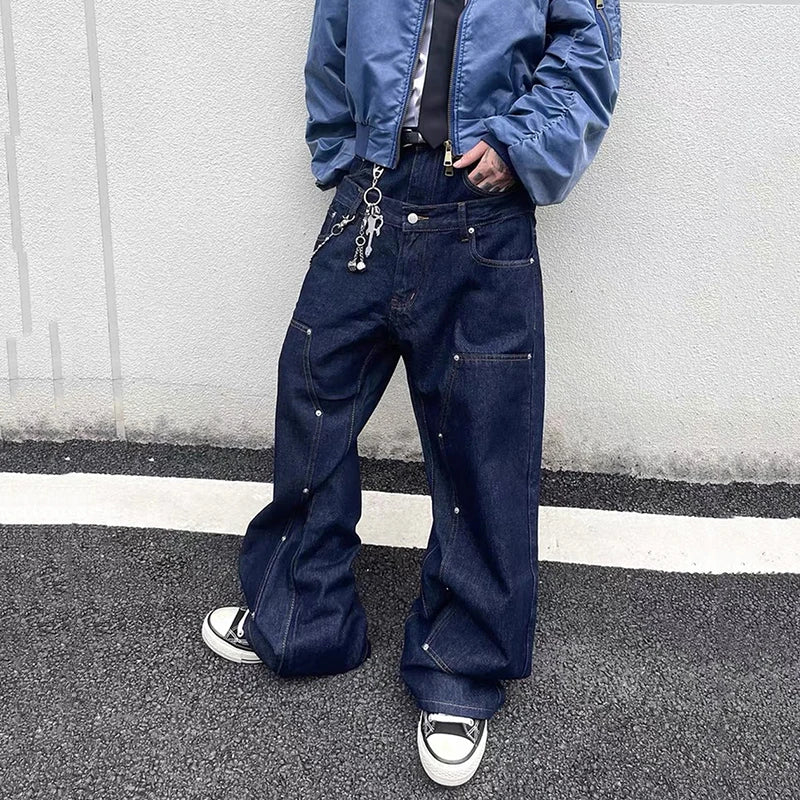 Metal Rivets Double Waistband Jeans