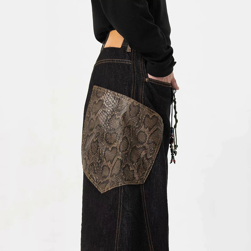 Snakeskin Pattern Patchwork Loose Jeans