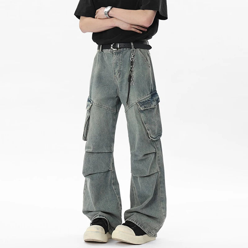 Casual Pleated Pockets Wide Leg Jeans