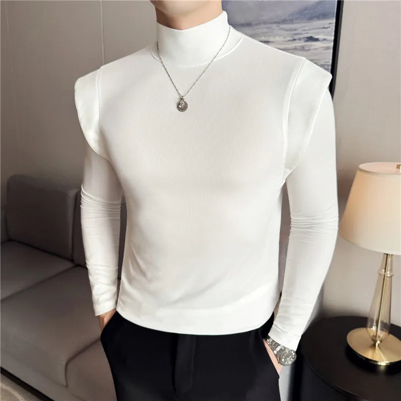 Turtleneck Fake-2Pieces Solid T-Shirt