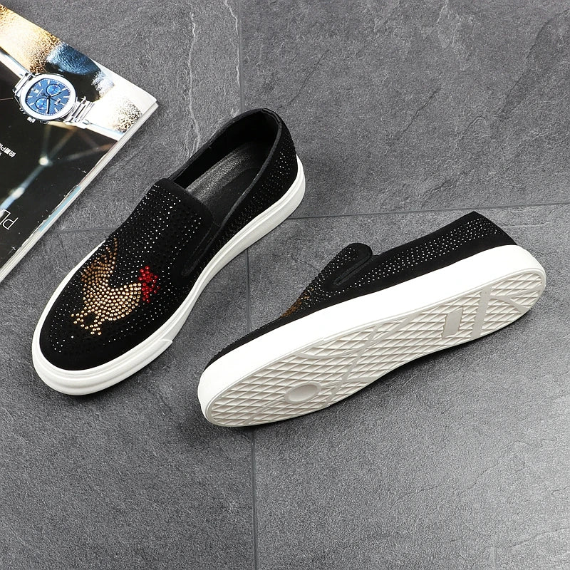 Chicken Rhinestone Pattern Black Loafers