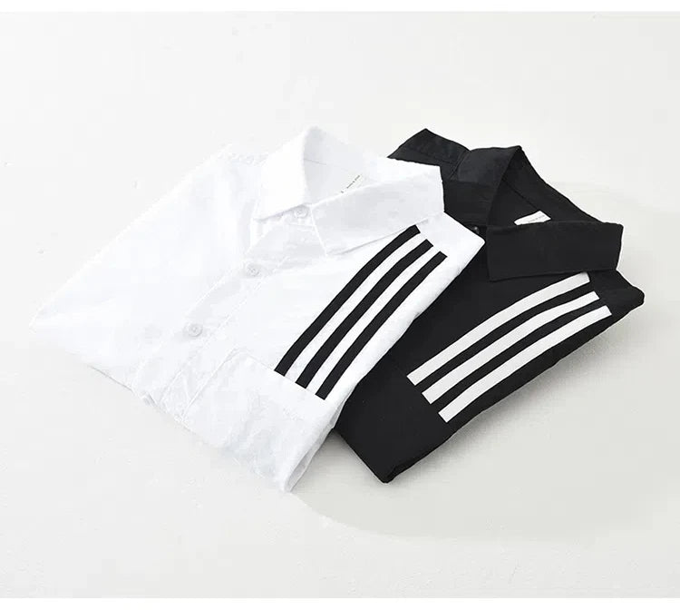 Cotton Long Sleeve Solid-Stripes Shirt