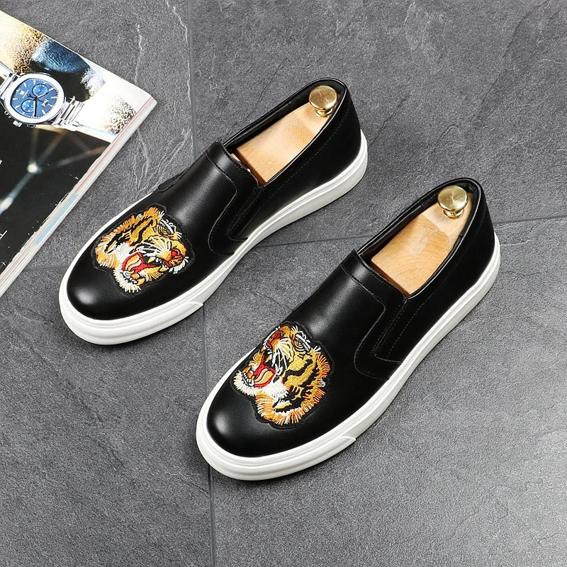 Tiger Embroidery Microfiber Black Loafers
