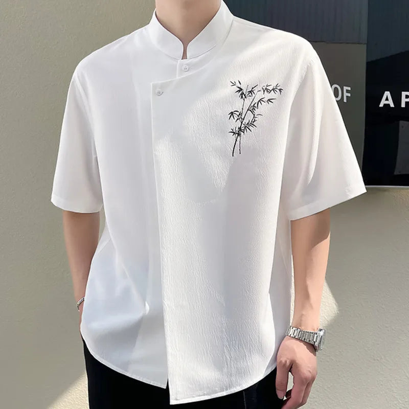 Solid Chest Embroidery Stand Collar Shirt